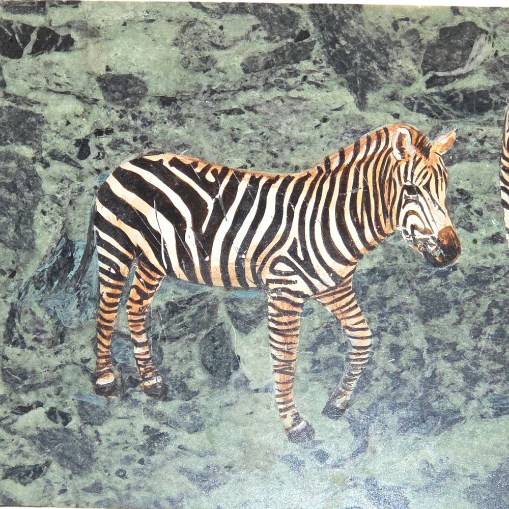 Hand Painted Zebra Stone Art Plaque Signed Trumi Serpentine Marble Safari 12" - Picture 3 of 7